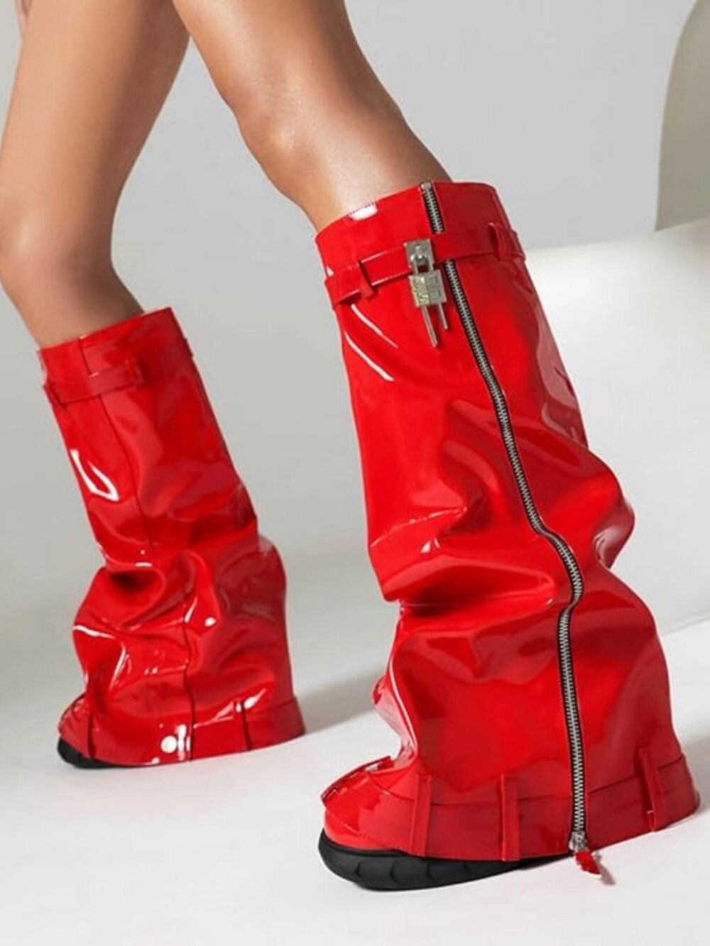 Red Patent Shark Lock Style Knee High Slouch Boots. Size 8.5